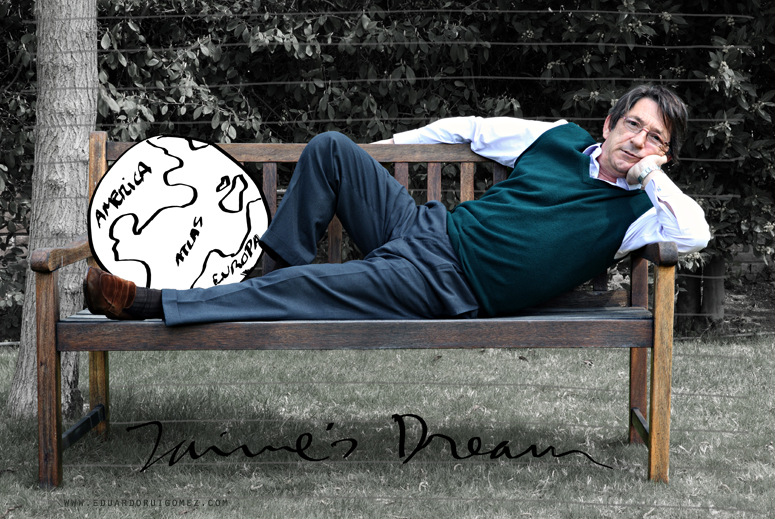 Hombre tumbado en un banco de un jardín. A sus pies tiene un dibujo de un globo terráqueo donde se lee America, Atlas y Europa.