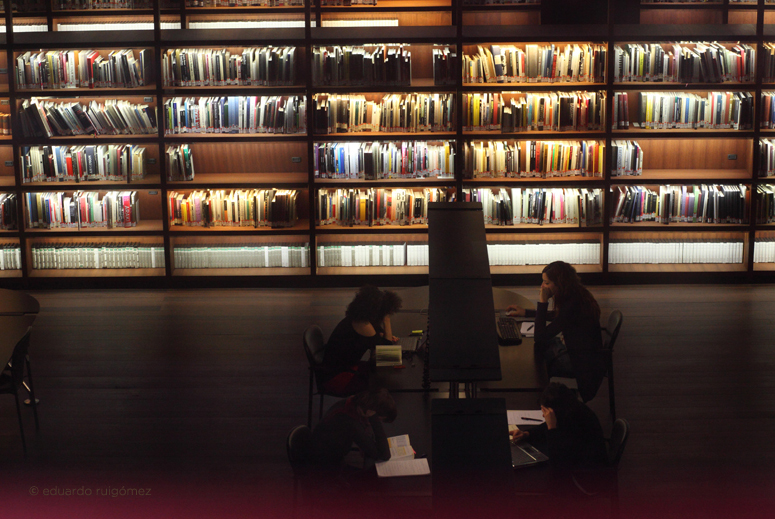 Varias personas leyendo en la biblioteca del Museo Reina Sofía de Madrid, vistas desde la calle a través de un cristal.