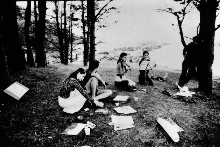 Grupo de amigos en un picnic cultural en un pinar de la costa del Cantábrico. Noja 1971.
