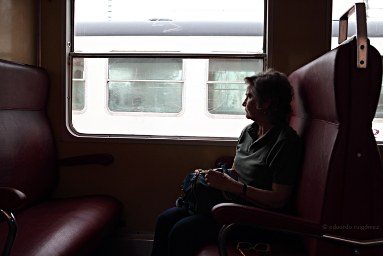 Mujer sentada en un tren mira por la ventana.