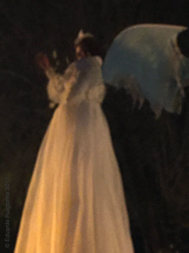 Mujer con un vestido con alas.