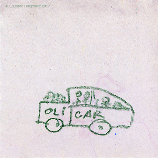 Dibujo de un coche con ceras de color verde.