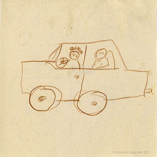 Dibujo de un coche con ceras de color beige.