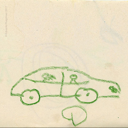 Dibujo de un coche con ceras de color verde.