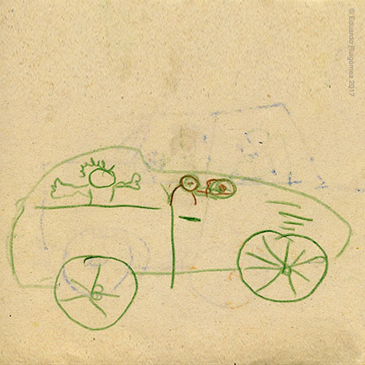 Dibujo de un coche con ceras de color verde.