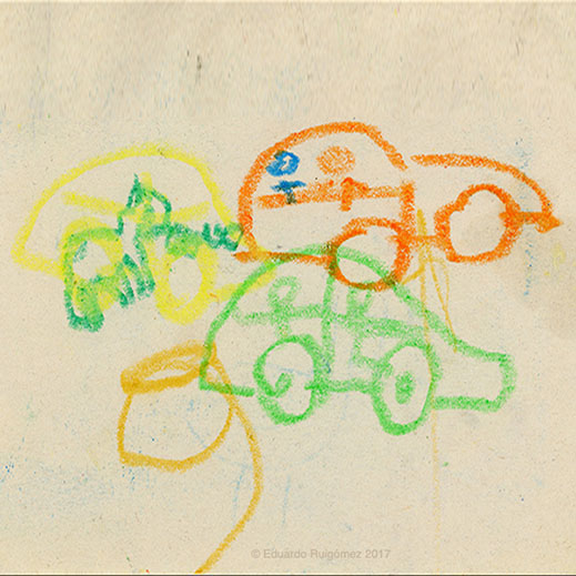 Dibujo de un coche con ceras de color verde, naranja y amarillo.